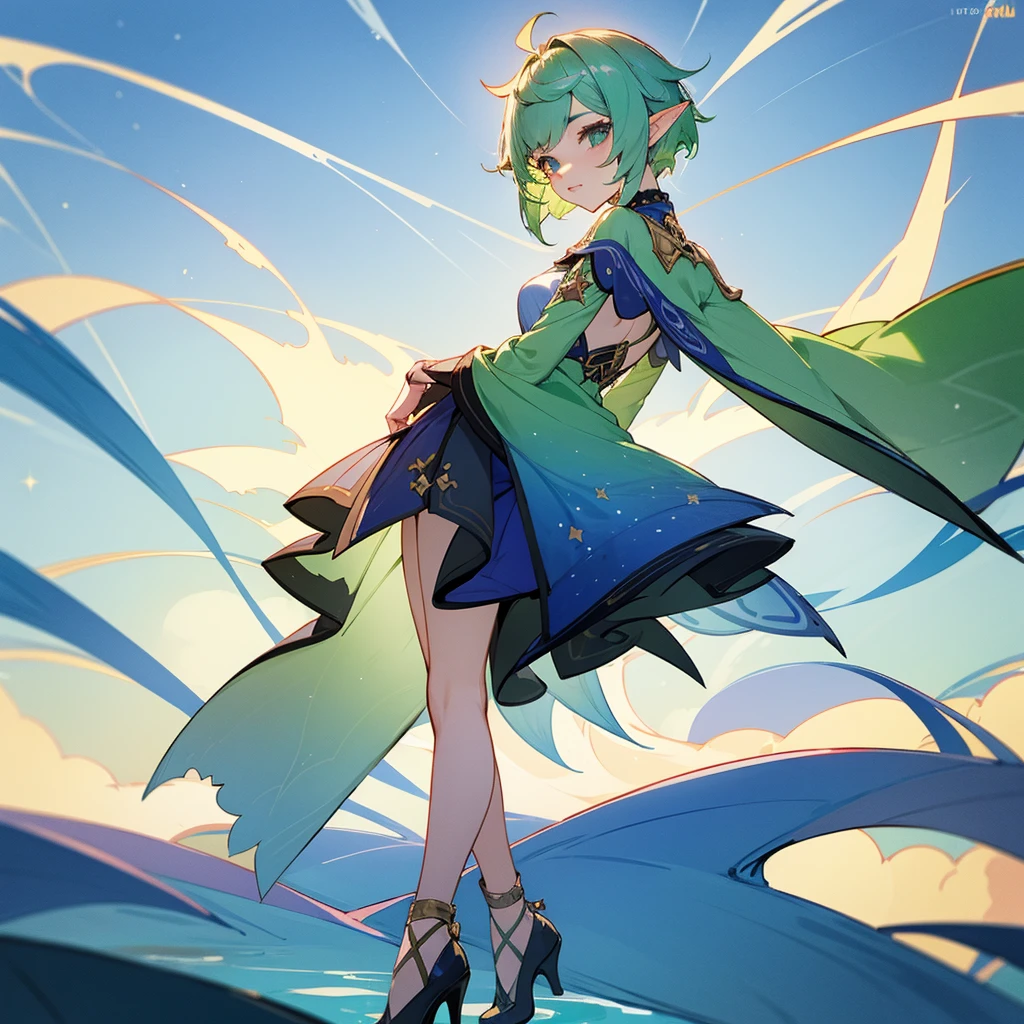 Pretty, beautiful, elf girl, elf, green hair, short hair, pretty hair, beautiful body, genshin impact design, fashion, fashion design, genshin impact, video game, full body, pretty face, starry clothes.