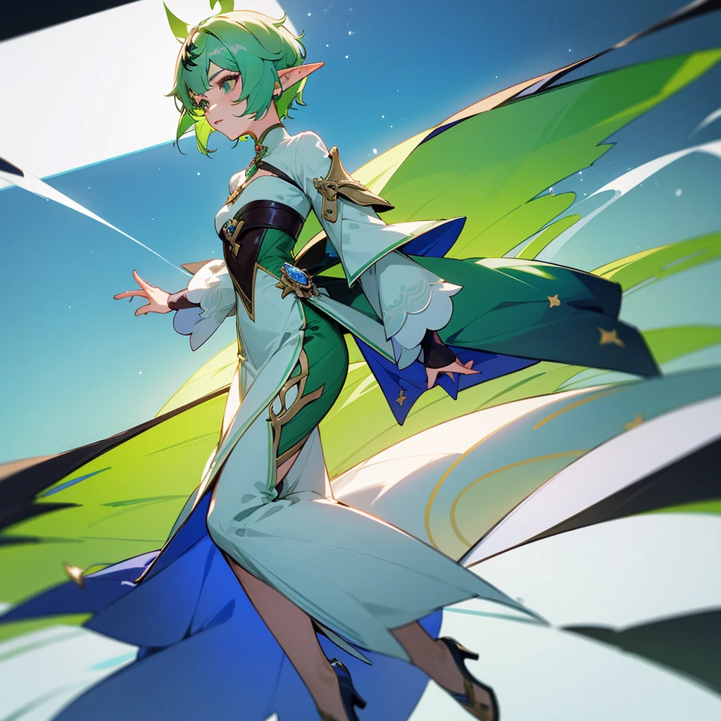 Pretty, beautiful, elf girl, elf, green hair, short hair, pretty hair, beautiful body, genshin impact design, fashion, fashion design, genshin impact, video game, full body, pretty face, starry clothes.