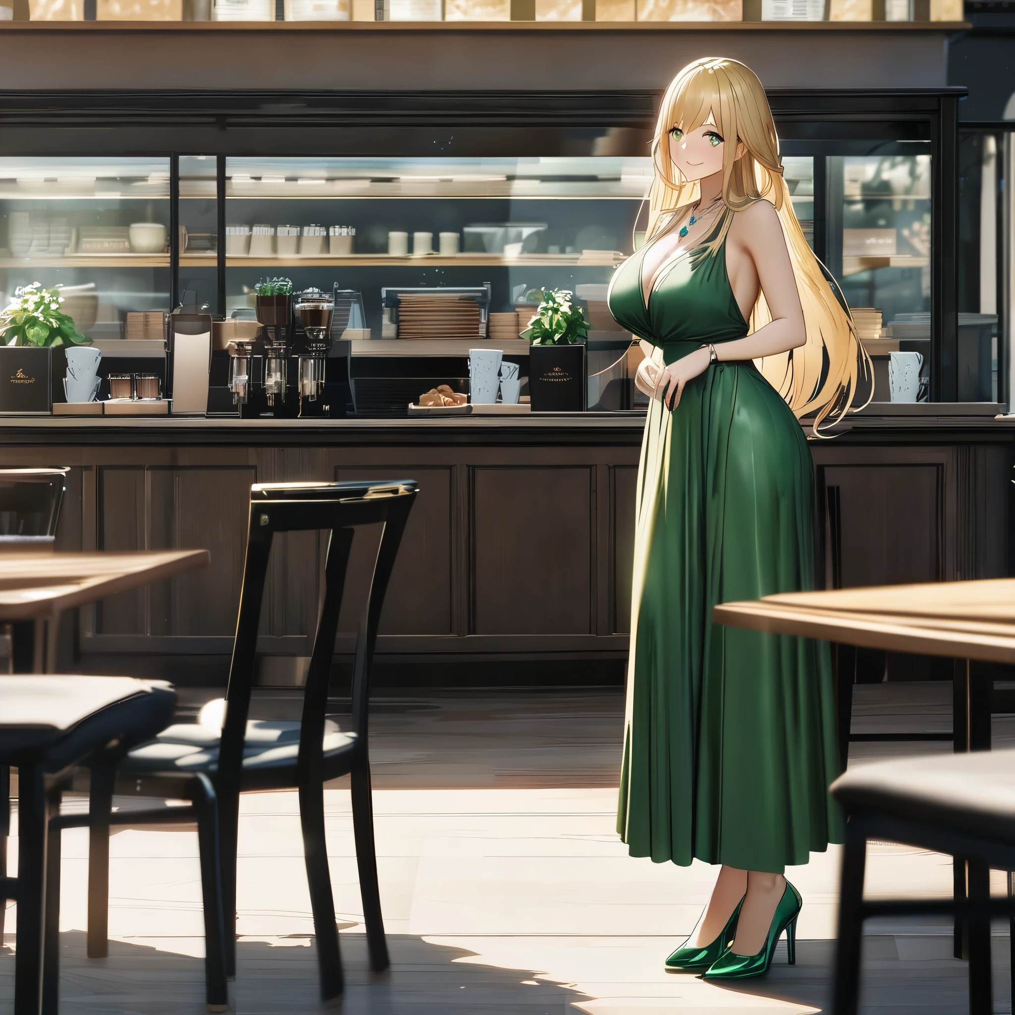 A woman wearing a sophisticated green dress, blonde hair, long hair, green eyes, smiling, standing outside a coffee shop, with tables and chairs around her, with a view of a forest, big breasts, green heels, an emerald necklace on her neck..UHD , work- prime, precise, anatomically correct, textured skin, super details, high quality, best quality, 8k, high resolution, bokeh effect. (woman alone)
