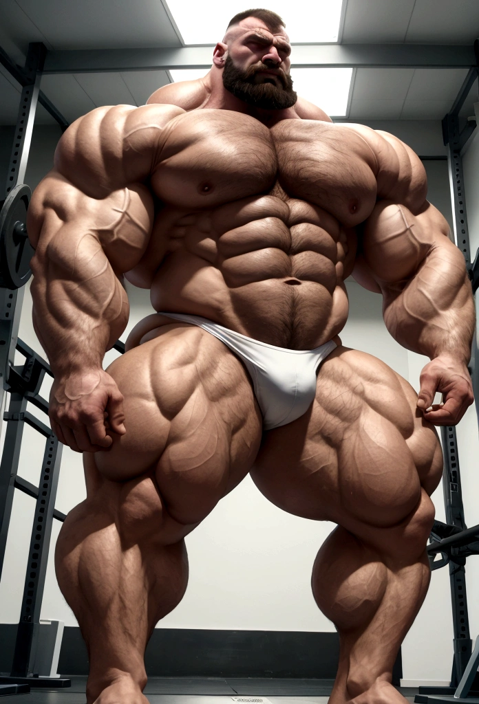 Zangief Extremely strong man in the gym wearing a very tight sparkling white thong with a large messy volume, e sem camisa, impressionando garotas na praia, incrivelmente grande , peito muito grande, gigantic muscles, corpo alto, Membros longos, Titan, great trapeze, 6 feet 8 inches tall