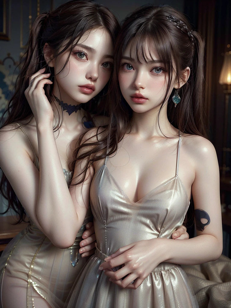 (Skin dents:1.5), Realistic, Realistic, (masterpiece:1.5), Concept Art, Intricate details, Very detailed, Realistic, Octane Rendering, 8k, Unreal Engine, Dynamic pose, Highest quality, High resolution, (Realistic Face:1.1), (超Realistic:1.1), ((full_body)), Perfect Eyes,(Shiny skin:1.2), (((Hairstyle))), (((perfect hand 1.5))), (Very detailed背景), ((Dynamic Background)), (Light), ((fine grain, High quality eyes, High quality face)), (((flowing Hairstyle))), wonderful, Written boundary depth, Bokeh, 4K, ((Gothic 1.5)),, Lightning, Glowing blue iris, (((Gorgeous see-through dress for the evening)1.5)),Glittering necklace and earrings、((Narrow waist、Full body photo 1.5))、