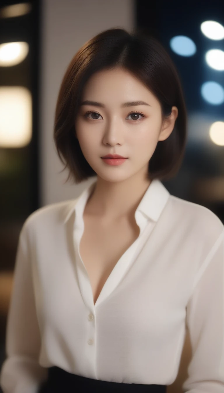 A close-up of a beautiful Korean woman, 29 inch breast size, wearing a long-sleeved shirt, skirt, elegant expression, Looking straight ahead at the camera, Leave a cup of coffee indoors at home, bokeh background, night, short hair front view, UHD