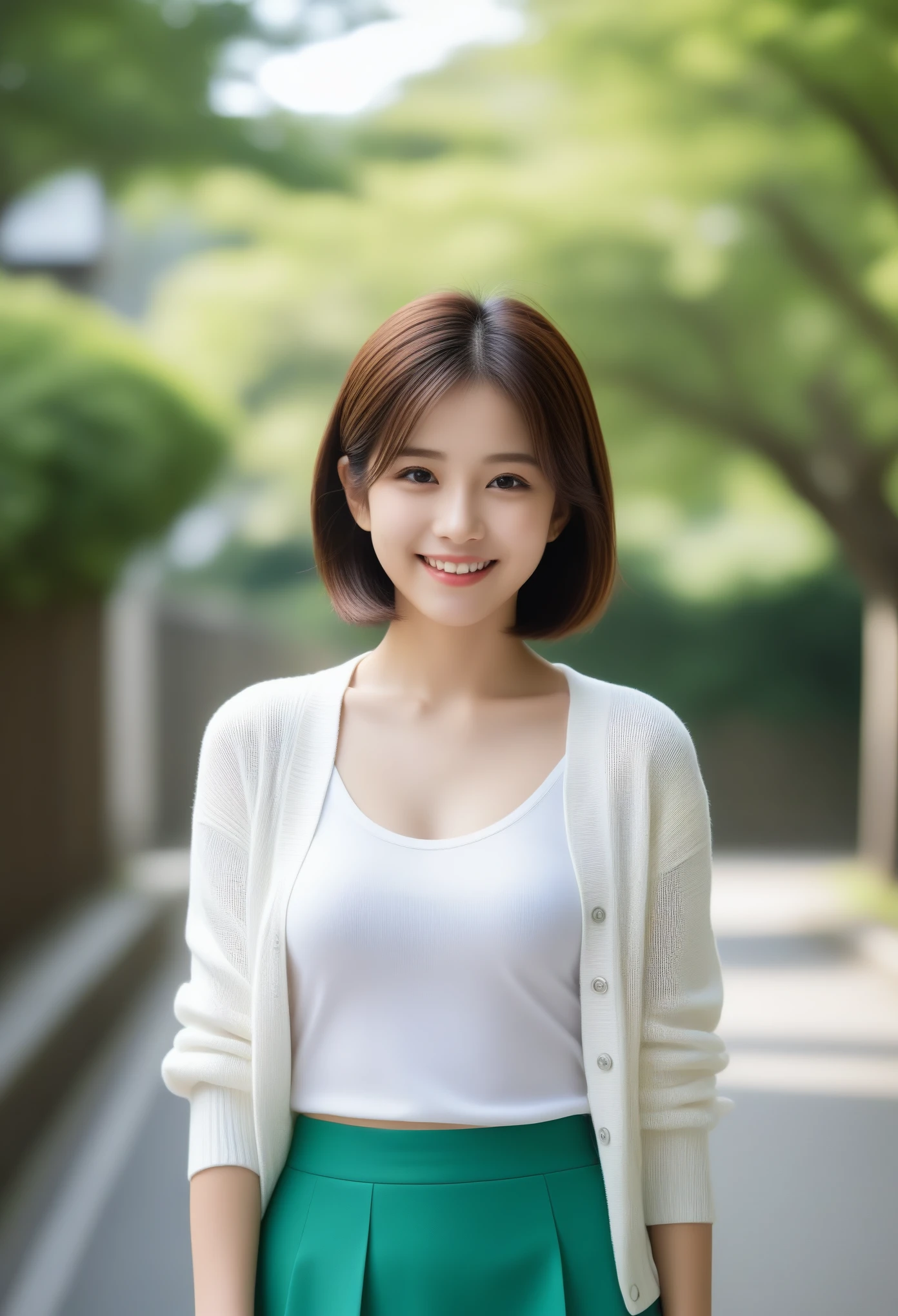 88k, Ultra-high resolution, Highest quality, masterpiece, 三分割法によるphotograph,Surreal, photograph, 1 girl, (:1.3), pretty girl, Cute face, Beautiful eyes in every detail, 細かくdetailedに,masterpiece,, One Girl:1.2, Japan Female Announcer,whole body,Young Wife,Urban area,street tree,green,White collared shirt,Red summer knit cardigan,Pencil Skirt、Full of cleanliness,A carefree smile,Healing the heart,Short Bob,Looking at the audience、beauty,Long neck、Laugh a little、Please close your mouth and laugh、(((Ideal body type))),A-cup small breasts :2,、Portraiture:2、Perfect Anatomy、鮮明なdetailed、detailed、Surreal、Light and shadow,Strong light