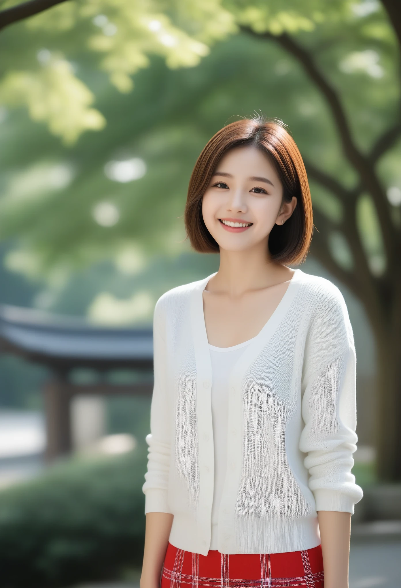 88k, Ultra-high resolution, Highest quality, masterpiece, 三分割法によるphotograph,Surreal, photograph, 1 girl, (16 years old:1.3), pretty girl, Cute face, Beautiful eyes in every detail, 細かくdetailedに,masterpiece,, One Girl:1.2, Japan Female Announcer,whole body,Young Wife,Urban area,street tree,green,White collared shirt,Red summer knit cardigan,Pencil Skirt、Full of cleanliness,A carefree smile,Healing the heart,Short Bob,Looking at the audience、beauty,Long neck、Laugh a little、Please close your mouth and laugh、(((Ideal body type))),A-cup small  :2,、Portraiture:2、Perfect 、鮮明なdetailed、detailed、Surreal、Light and shadow,Strong light 