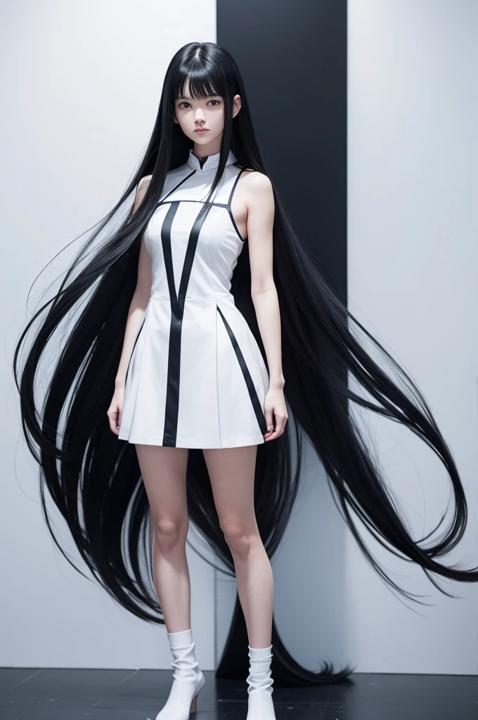 An anime girl, full body image, long black hair, blue dark eyes, a soleem and serious expression, standin tall with her arms crossed, facing foward, and completely white background. The image must not cut any parts of her body, not even hair.