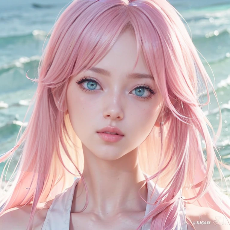 young woman, short shoulder-length pink hair, wide forehead, porcelain skin, pink eyebrows, big emerald green eyes, buttoned nose, full lips, heart-shaped face, slender body, small breasts, red tank top, Sakura Haruno , realistic, realism, details, 3d, well detailed
