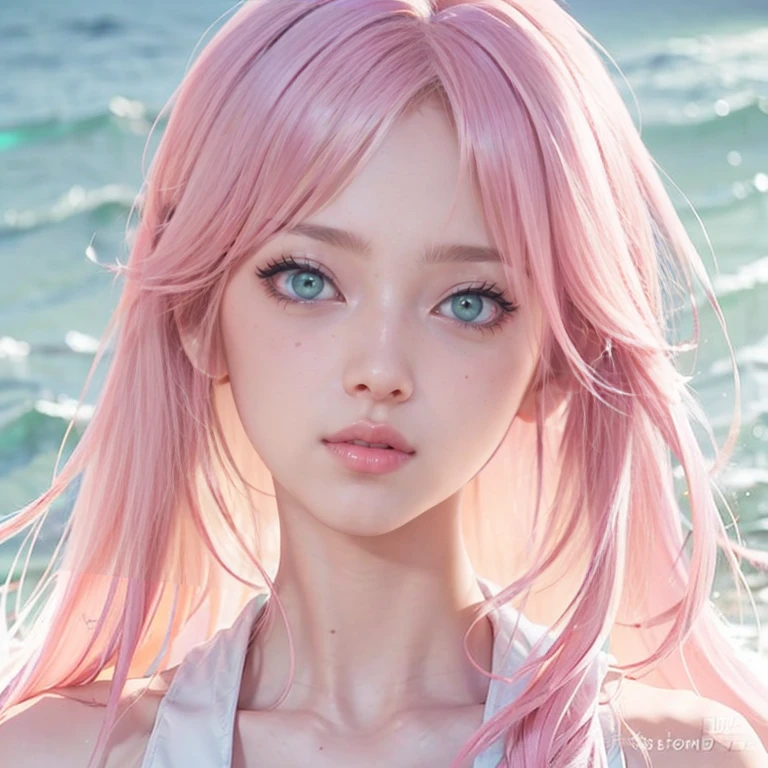 young woman, short shoulder-length pink hair, wide forehead, porcelain skin, pink eyebrows, big emerald green eyes, buttoned nose, full lips, heart-shaped face, slender body, small breasts, red tank top, Sakura Haruno , realistic, realism, details, 3d, well detailed
