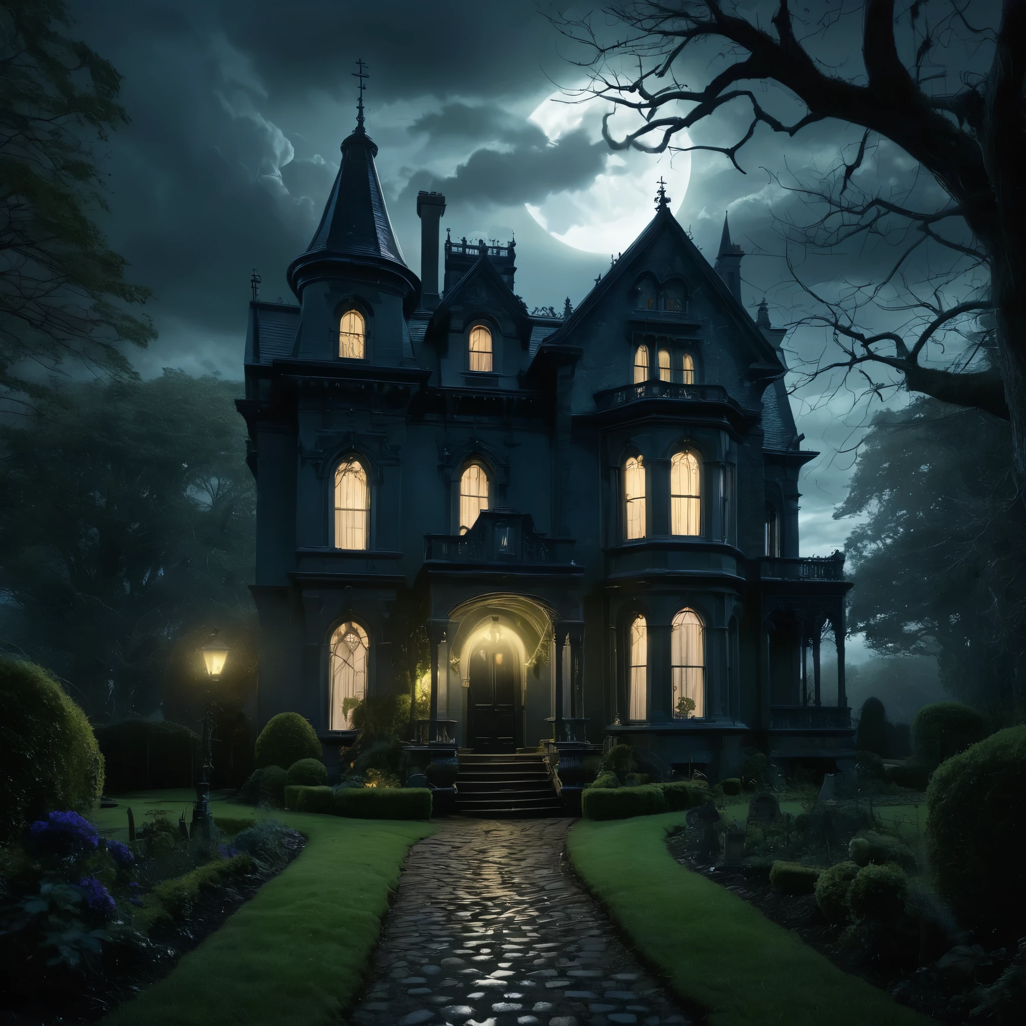 Create an incredibly atmospheric and detailed scene featuring "Adam’s Family House." Picture an eerie yet grand Victorian mansion situated on a hill, shrouded in mist and illuminated by the faint glow of a full moon. The mansion is adorned with gothic architectural elements—like pointed arches, intricate ironwork, and tall, narrow windows—each window dimly lit, casting an ominous glow.

Surrounding the mansion is a dense, overgrown garden filled with twisted, ancient trees, and strange, luminescent plants that seem to have a life of their own. A winding cobblestone path, lined with flickering lanterns, leads up to the large, ornately carved front doors.

In the foreground, a gathering of the family members—each with distinct, quirky characteristics and attire reminiscent of gothic fashion—can be seen engaging in mysterious activities. Some might be holding antique, glowing artifacts, while others are accompanied by bizarre, fantastical pets.

The sky above is stormy, with dark, swirling clouds and occasional flashes of lightning that illuminate the scene in dramatic, contrasting light and shadow. The overall color palette should be dark and moody, with deep purples, blues, and blacks, punctuated by the eerie greens and pale yellows of the mansion’s lights and garden plants.

The entire image should evoke a sense of gothic elegance and supernatural mystery, capturing the unique, otherworldly atmosphere of Adam’s Family House.