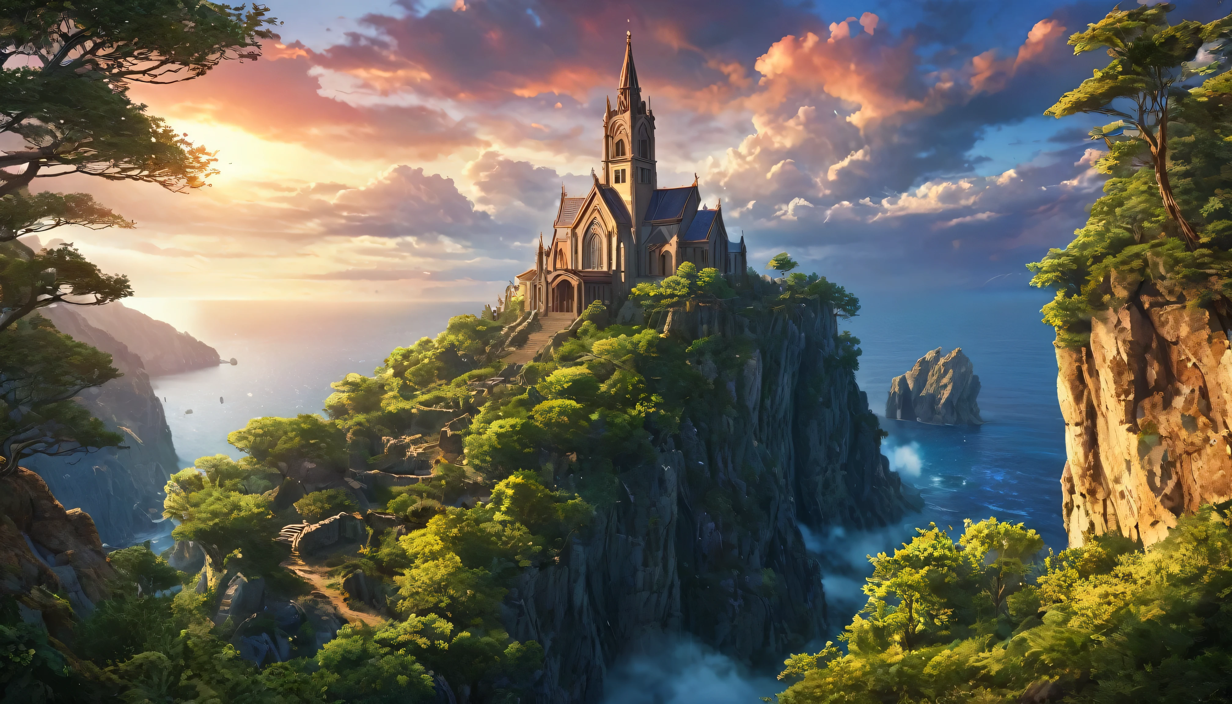 (anime, fantasy), (best quality, high resolution, depth of filed, HDR:1.2), (A majestic church lies alone on the edge of a prime cliff, grand architecture, rocky cliff, cloudy sky, from final fantasy x), fantastical landscapes, vibrant colors, majestic, dark enchanted, dangerous atmosphere, magical atmosphere, beautiful, extremely detailed, intricate, delicate, serene fantasy, light filtering through the trees, bokeh, cinematic lighting, 8k, high quality