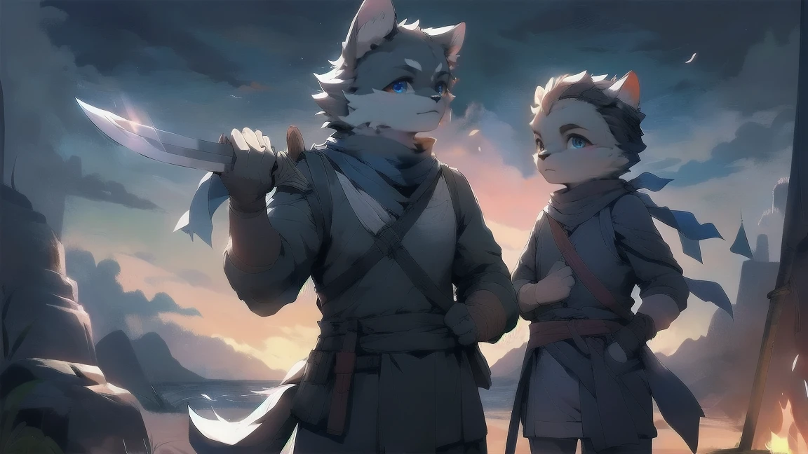 Wolf，juvenile，male，Gray-black fur，Sky blue eyes，Ancient combat uniform，scarf，Holding a long sword，Scabbard back，permanent，The only one,dawn，illumination，Break