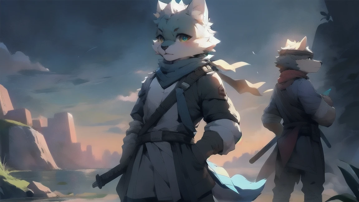 Wolf,juvenile,male,Gray-black fur,Sky blue eyes,Ancient combat uniform,scarf,Holding a long sword,Scabbard back,permanent,The only one,dawn,illumination,Break