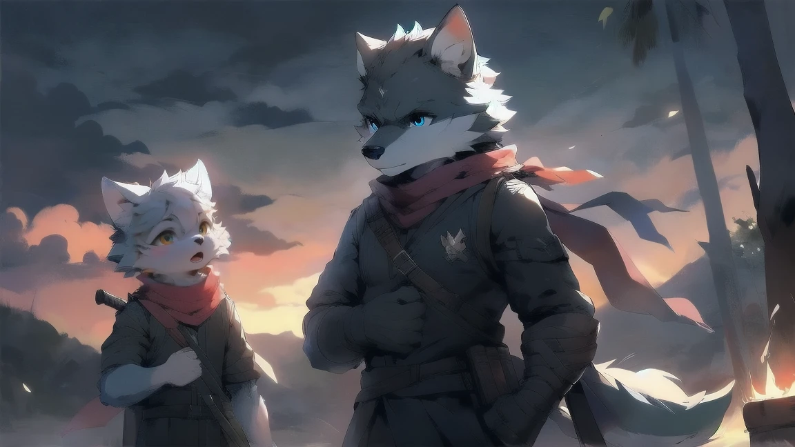 Wolf,juvenile,male,Gray-black fur,Sky blue eyes,Ancient combat uniform,scarf,Holding a long sword,Scabbard back,permanent,The only one,dawn,illumination,Break