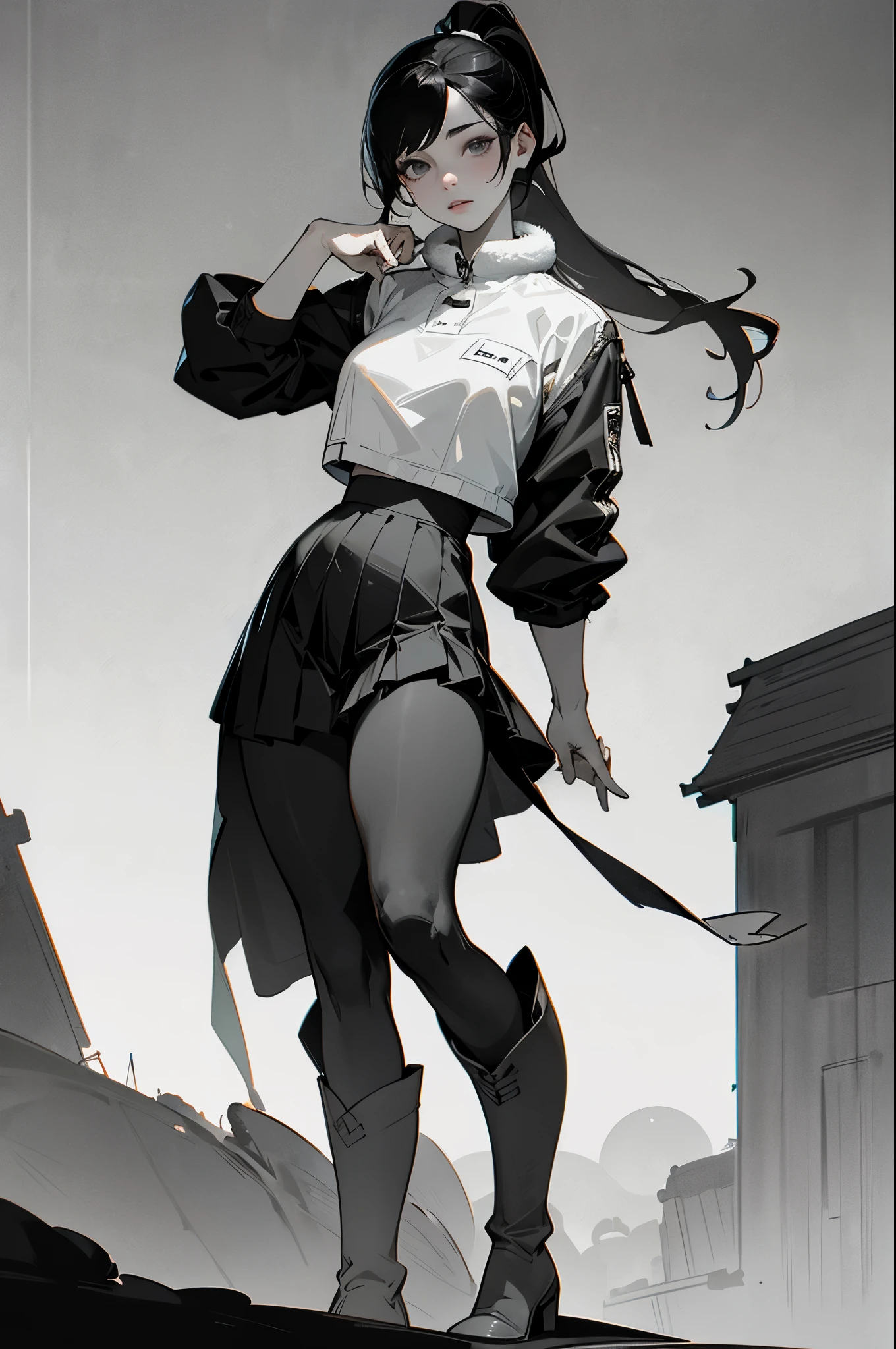 Original photo, best quality, full body photo), (Realistic, photo fidelity: 1.3), (Extremely delicate and beautiful: 1.1) 1 woman chiseled physique and wide hips, leggings, pleated skirt, sports top, high ponytail, high boots, long fur jacket, on a hazy moonlit night in a ghost town, monochrome style, line art, detailed face, detailed eye's, detailed lips, wide hips, with a black cat in her hands
