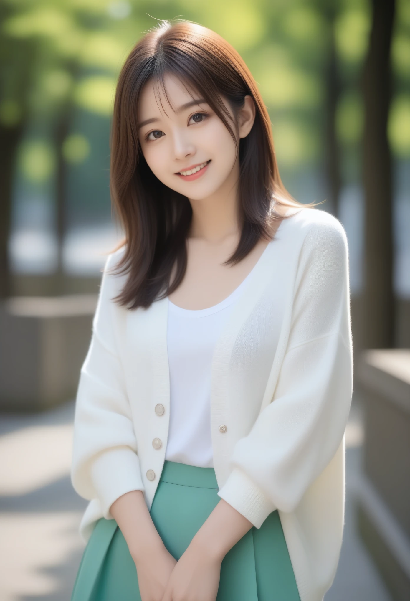 8k, Ultra-high resolution, Highest quality, masterpiece, 三分割法によるphotograph,Surreal, photograph, 1 girl, (16 years old:1.3), pretty girl, Cute face, Beautiful eyes in every detail, 細かくdetailedに,masterpiece,, One Girl:1.2, Japan Female Announcer,whole body,Young Wife,Urban area,street tree,green,White collared shirt,Summer knit cardigan,Pencil Skirt、Full of cleanliness,A carefree smile,Healing the heart,Short Bob,Looking at the audience、beauty,Long neck、Laugh a little、Please close your mouth and laugh、(((Ideal body type))),A-cup small breasts :2,、Portraiture:2、Perfect Anatomy、鮮明なdetailed、detailed、Surreal、Light and shadow,Strong light