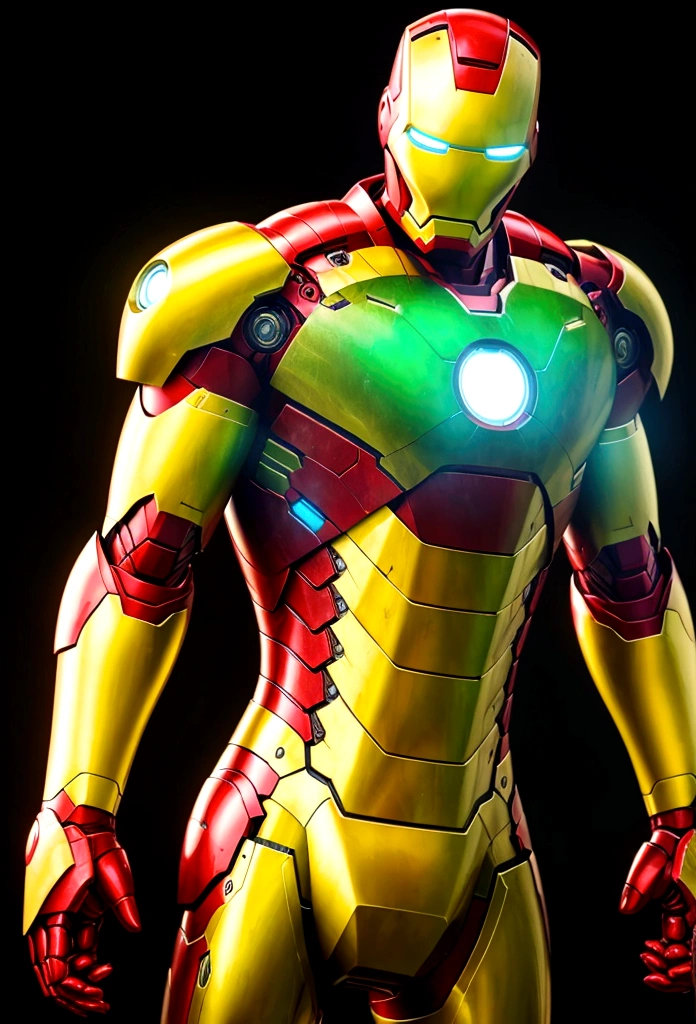 green and yellow color iron man, dark background 4k photo realistic.