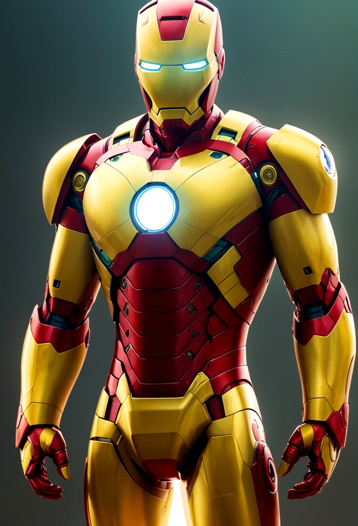 green and yellow color iron man, dark background 4k photo realistic.