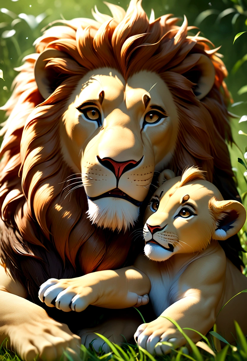 ((Masterpiece, top quality, high resolution)), ((highly detailed CG unified 8K wallpaper)), Animal Photography, there is a lion and a lion cub playing together in the grass, proud looking, lions, king of the jungle, celebrating, fatherly, amazing beauty, with the mane of a lion, father with , lion, animal photography, regal pose, face looking, majestic pose, powerful, beautiful man, 