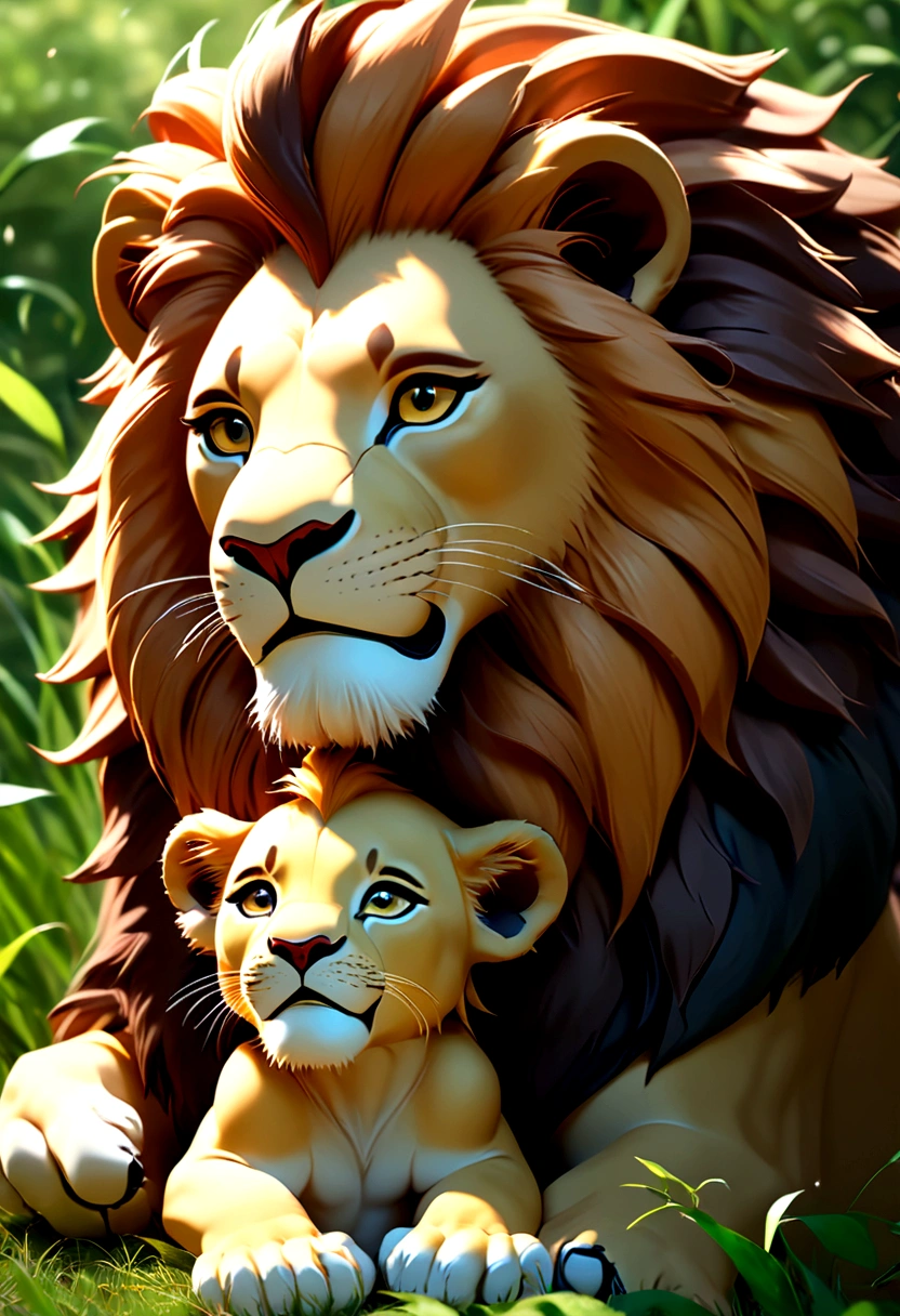 ((Masterpiece, top quality, high resolution)), ((highly detailed CG unified 8K wallpaper)), Animal Photography, there is a lion and a lion cub playing together in the grass, proud looking, lions, king of the jungle, celebrating, fatherly, amazing beauty, with the mane of a lion, father with , lion, animal photography, regal pose, face looking, majestic pose, powerful, beautiful man, 