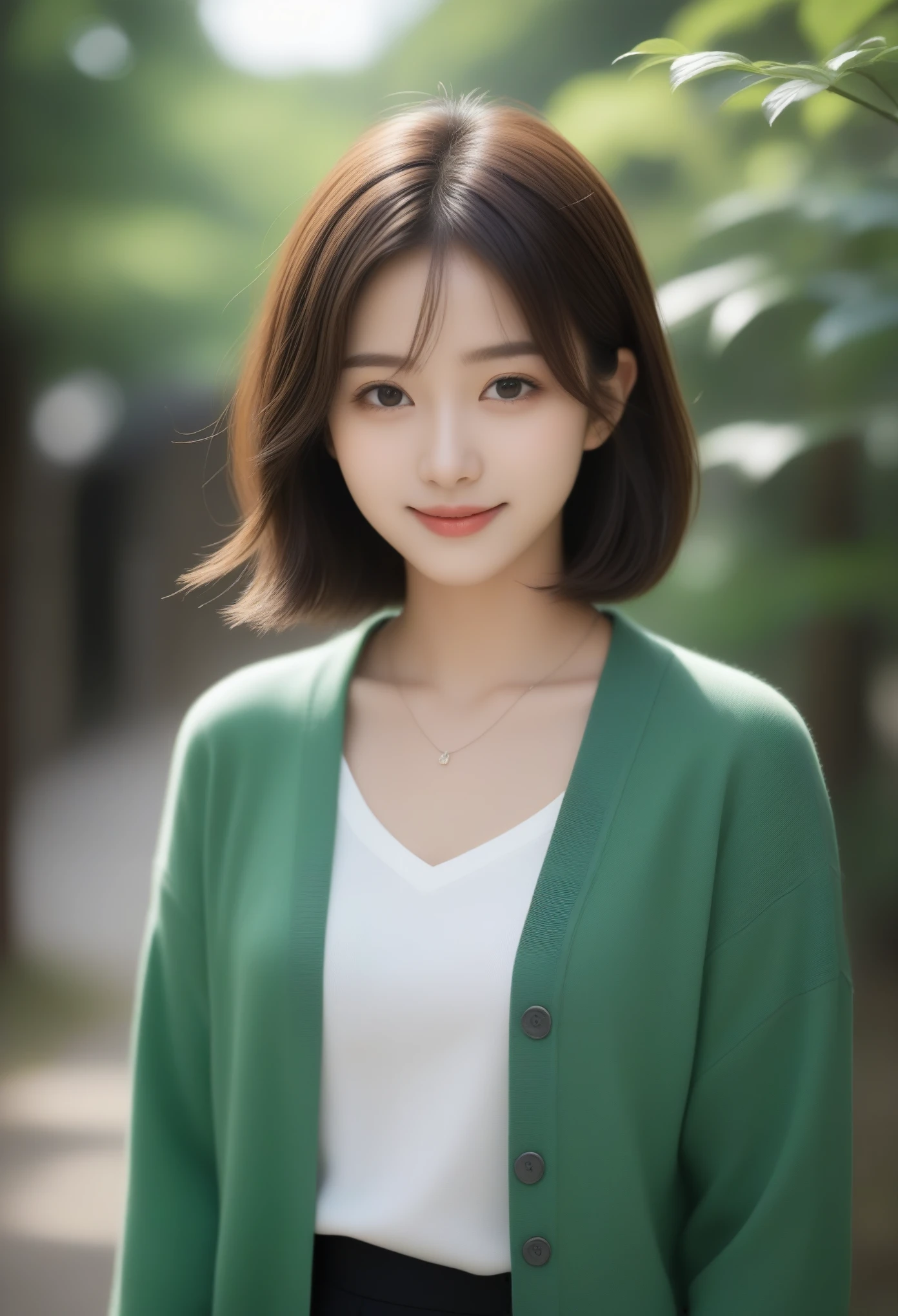 8k, Ultra-high resolution, Highest quality, masterpiece, 三分割法によるphotograph,Surreal, photograph, 1 girl, (:1.3), pretty girl, Cute face, Beautiful eyes in every detail, 細かくdetailedに,masterpiece,, One Girl:1.2, Japan Female Announcer,whole body,Young Wife,Urban area,street tree,green,White collared shirt,Summer knit cardigan,Pencil Skirt、Full of cleanliness,A carefree smile,Healing the heart,Short Bob,Looking at the audience、beauty,Long neck、Laugh a little、Please close your mouth and laugh、(((Ideal body type))),A-cup small breasts :2,、Portraiture:2、Perfect Anatomy、鮮明なdetailed、detailed、Surreal、Light and shadow,Strong light