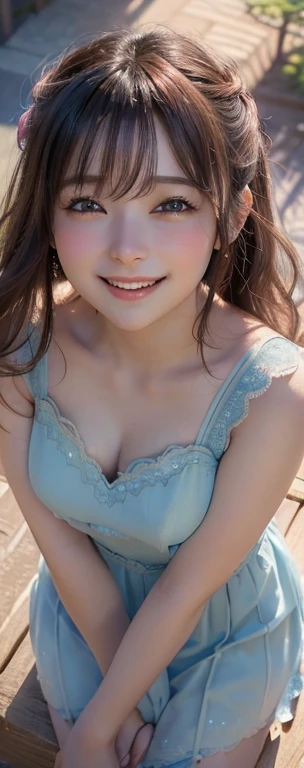 ((Highest quality)), ((masterpiece)), masterpiece, Great illustrations, Highest quality, Particles of light, Very detailed, 8k wallpaper, (Vibrant colors:1.2), (girl), Laugh shyly,blush, Laugh shyly, Gaze lovingly at, (View,Male perspective、View from above:1.4), sunlight, Shadow,