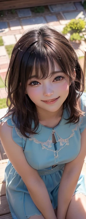 ((Highest quality)), ((masterpiece)), masterpiece, Great illustrations, Highest quality, Particles of light, Very detailed, 8k wallpaper, (Vibrant colors:1.2), (girl), Laugh shyly,blush, Laugh shyly, Gaze lovingly at, (View,Male perspective、View from above:1.4), sunlight, Shadow,
