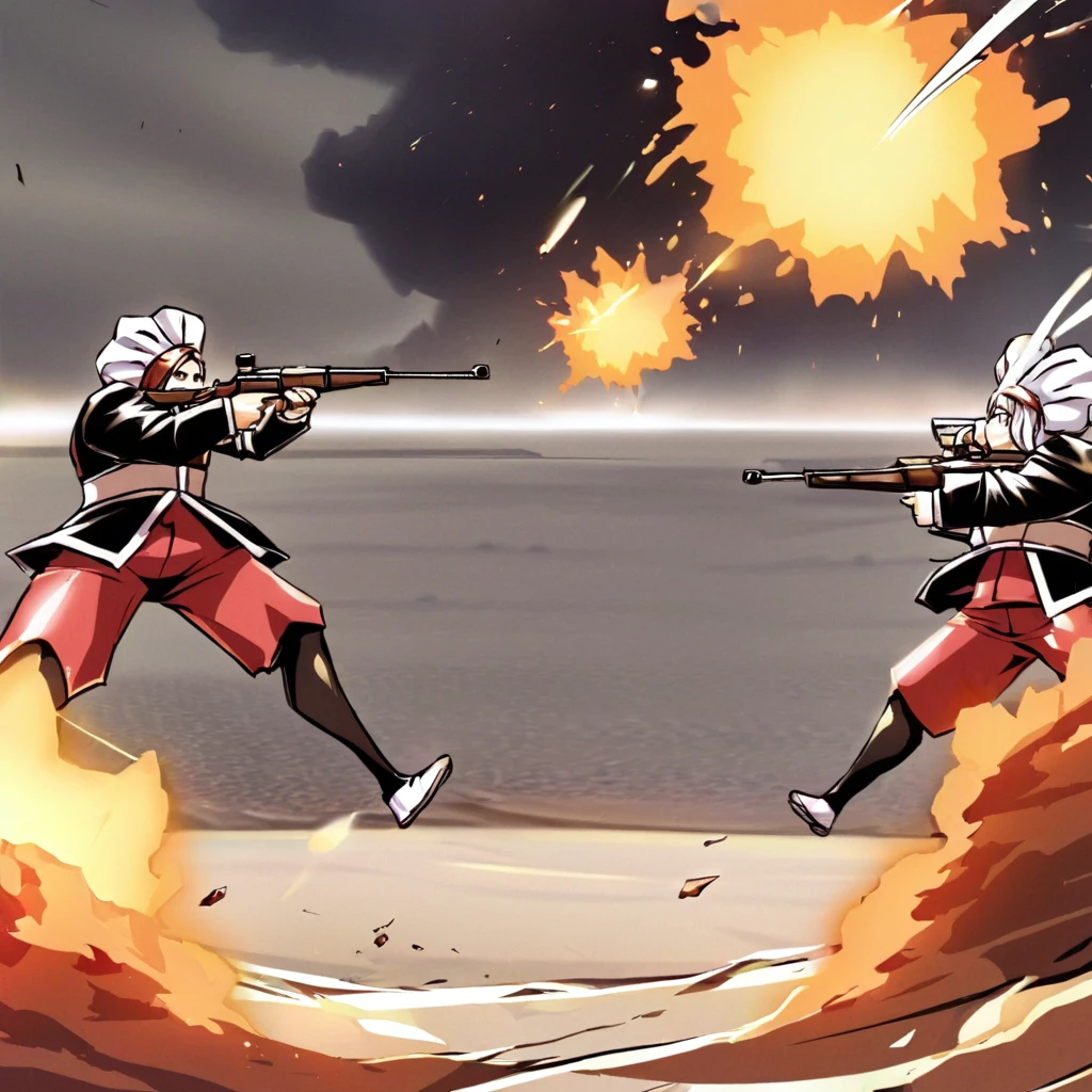 Three cook chefs firing rifles on the battlefield of a war war, disparos y explosiones alrededor