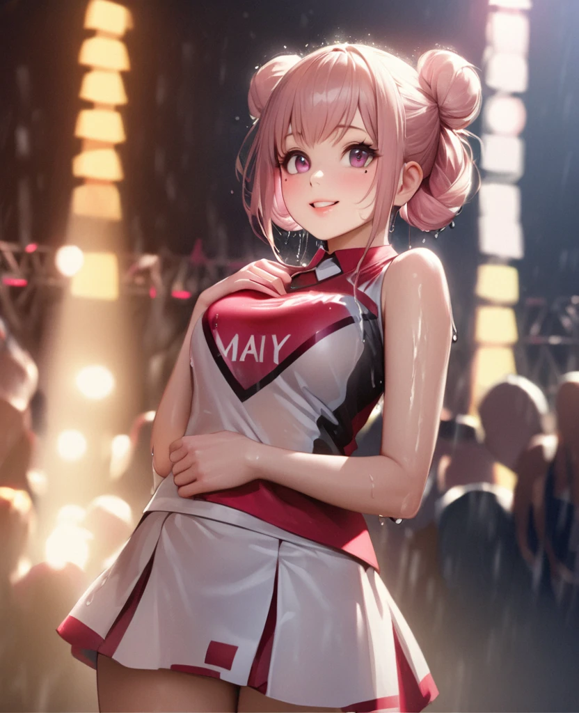 One Girl、Looking at the audience、lovely,
Beautiful pink eyes、Two brown double hair buns , Mole under the eye、Plump and glossy lips、Heart-shaped choca、Dance team uniforms, mini skirt、Her name is May,smile、ー、。.。.。.。.。.。.。.。.。.。.。.。.。.。.。.。.。.。.3D、Realistic、
Dance team uniforms was soaked in the heavy rain, and her chest was wet and transparent.Heavy rain at outdoor concert, Drape clothes、gem、The decoration has been removed、Floral、Lace trim,On a glittering stage、
masterpiece、highest quality、8k、Detailed skin texture、Detailed cloth texture、Beautifully detailed face、Intricate details、Very detailed、
超A high resolution、8k Ultra HD、Film Grain、Best Shadow、delicate、Gazing at the audience、front