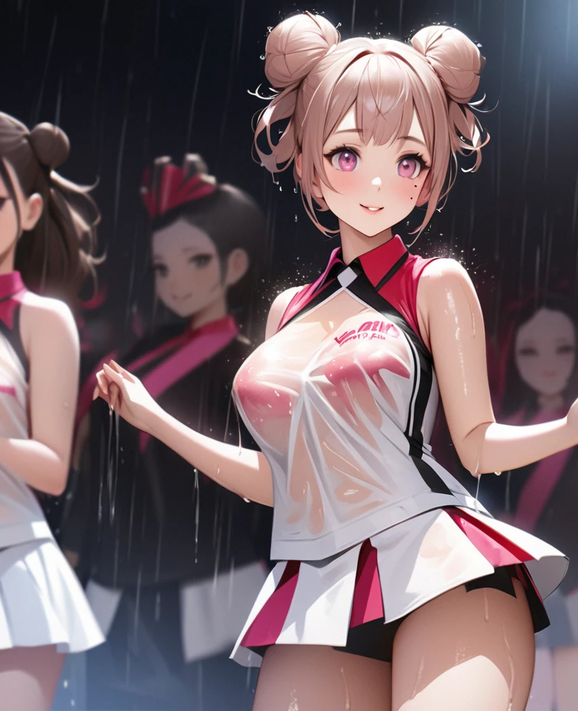 One Girl、Looking at the audience、lovely,
Beautiful pink eyes、Two brown double hair buns , Mole under the eye、Plump and glossy lips、Heart-shaped choca、Dance team uniforms, mini skirt、Her name is May,smile、ー、。.。.。.。.。.。.。.。.。.。.。.。.。.。.。.。.。.。.3D、Realistic、
Dance team uniforms was soaked in the heavy rain, and her chest was wet and transparent.Heavy rain at outdoor concert, Drape clothes、gem、The decoration has been removed、Floral、Lace trim,On a glittering stage、
masterpiece、highest quality、8k、Detailed skin texture、Detailed cloth texture、Beautifully detailed face、Intricate details、Very detailed、
超A high resolution、8k Ultra HD、Film Grain、Best Shadow、delicate、Gazing at the audience、front
