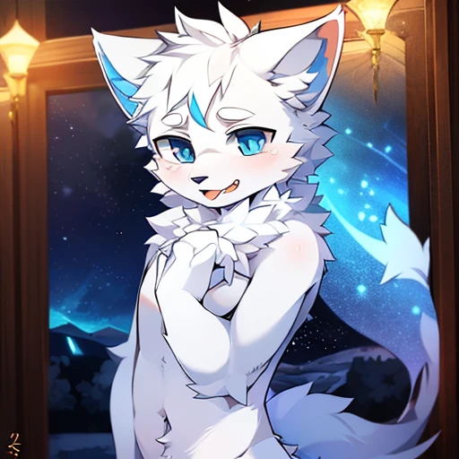 White Wolf，boy，individual，blue eyes，All white，smooth fur，Standing，shy，Tongue，night，White floor，Full body portrait