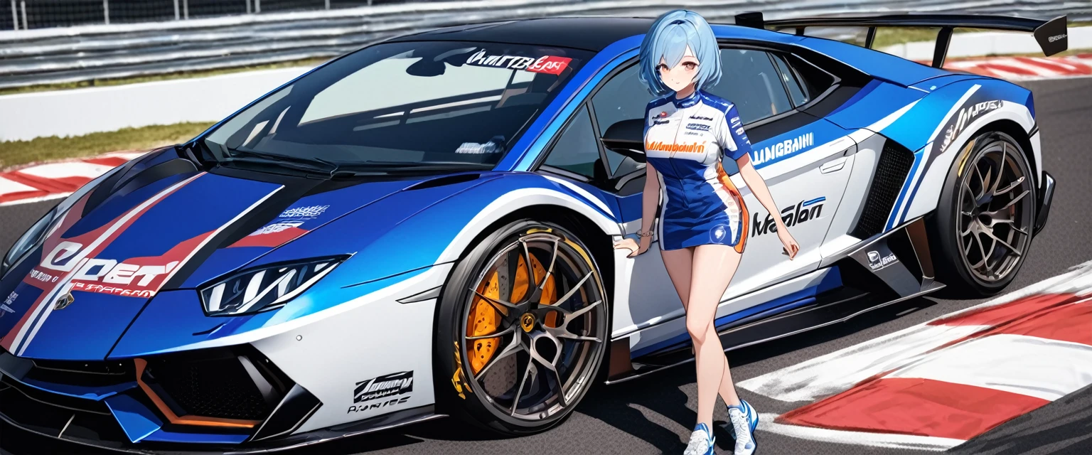 Beautiful girl with blue hair、Race Queen、Bright blue hair、Short Bob Hair、mini skirt、Tight Skirt、leotard、Motorsports、Super GT, Racing Car, girl;Costumes with sponsor logos printed on them, (Motorsportsレースに出場する)、((ボンネットにアニメのgirlがプリントされているスポーツカー))、((Lamborghini)),