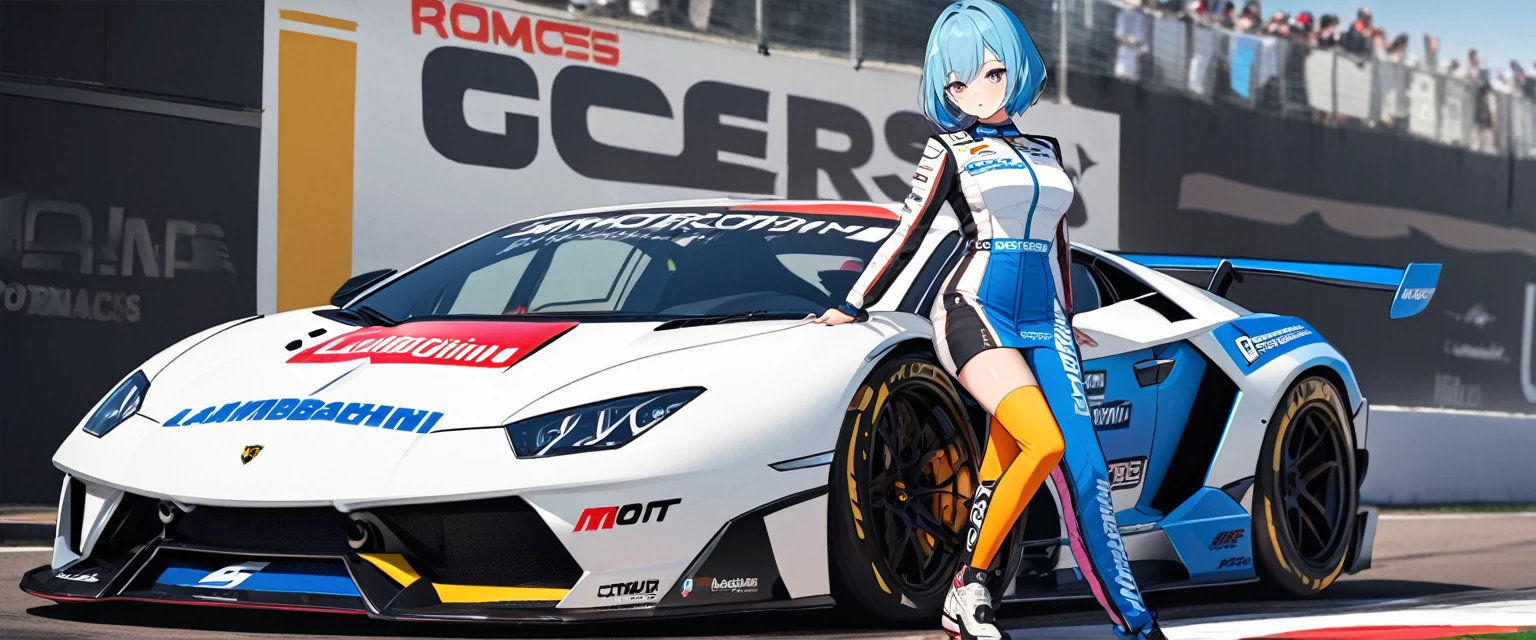 Beautiful girl with blue hair、Race Queen、Bright blue hair、Short Bob Hair、mini skirt、Tight Skirt、leotard、Motorsports、Super GT, Racing Car, girl;Costumes with sponsor logos printed on them, (Motorsportsレースに出場する)、((ボンネットにアニメのgirlがプリントされているスポーツカー))、((Lamborghini)),