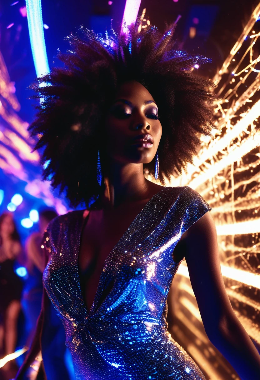 Side angle shot of black woman standing model pose in a night club with blue glittering particles shining in the tunnel , black and white picture with only the blue particles in the night club in colour, people dancing and having fun in the night club, ultra HD, cinematic lighting, 32k