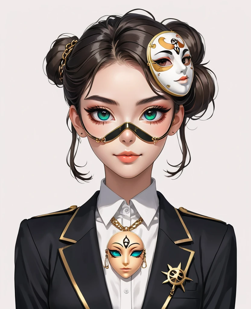 (Digital Illustration,Detailed anime style portrait of a girl holding a mask,Solitary,symmetry),(Big colorful eyes,Fashionable and exquisite facial features,Exquisite makeup,Sweet smile,Star symbol mark on cheek,Soulful gaze,),(Fluffy bun,Hairpin),(Black suit,Epaulettes-Chain,cool,),Clean and simple white background,(((Correct human anatomy)))