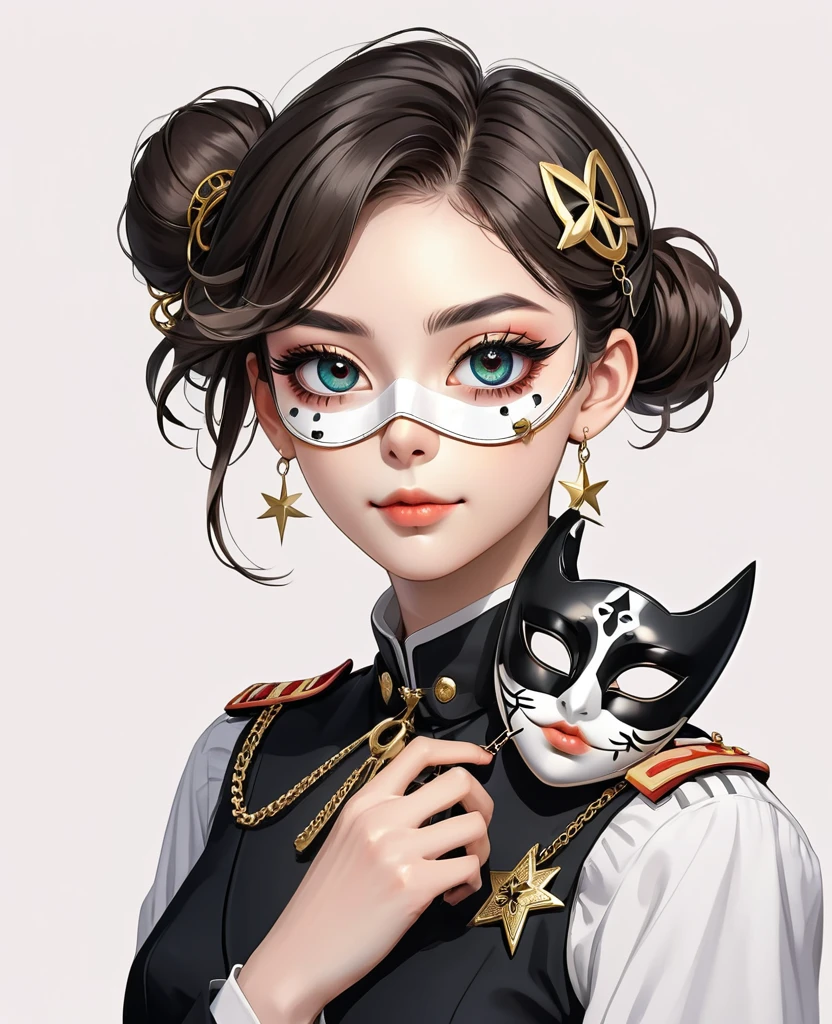 (Digital Illustration,Detailed anime style portrait of a girl holding a mask,Solitary,symmetry),(Big colorful eyes,Fashionable and exquisite facial features,Exquisite makeup,Sweet smile,Star symbol mark on cheek,Soulful gaze,),(Fluffy bun,Hairpin),(Black suit,Epaulettes-Chain,cool,),Clean and simple white background,(((Correct human anatomy)))