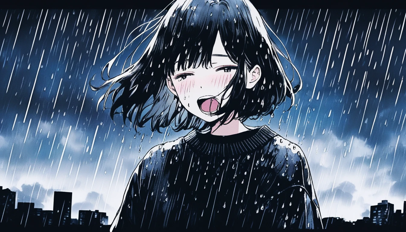 Illustrator, anime , Realistic ,sketch , Abstract rain on background、Body、1 girl, ,look up at the sky and scream、lip, sweater,order, Black gradient background, black髪,Short Bob、blacktshirt、Textured Trim, Canadian, (masterpiece,Highest quality) Cancer