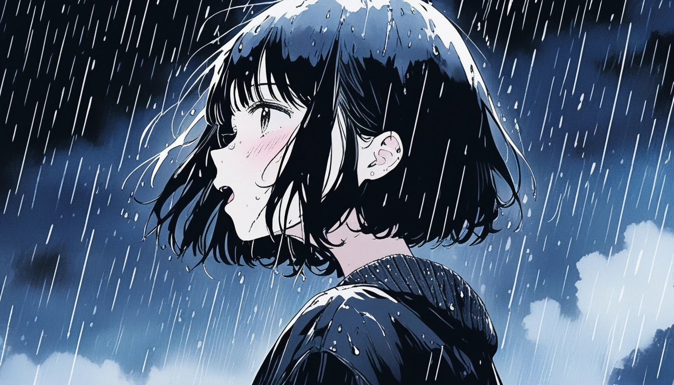 Illustrator, anime , Realistic ,sketch , Abstract rain on background、Body、1 girl, ,look up at the sky and scream、lip, sweater,order, Black gradient background, black髪,Short Bob、blackｔshirt、Textured Trim, Canadian, (masterpiece,Highest quality) Cancer