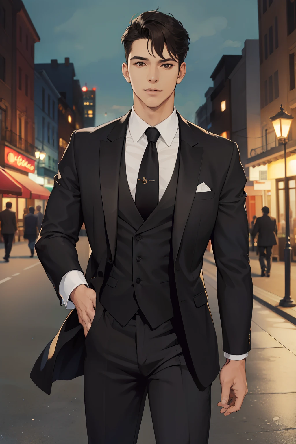(absurdos, high resolution, Ultra detallado, realista, ), 1 male, solo, adulto, maduro, chico alto y musculoso, hombros anchos, elegante, pelo muy corto, pelo negro, Brown eyes, angular jaw, cuello grueso, cejas gruesas, noche, oscuro, the noche view of the city background, traje formal, corbata, parte superior del cuerpo si. Ropa