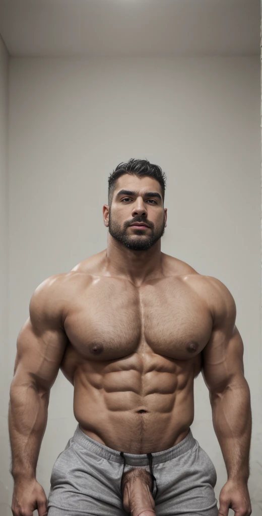 1boy, solo, facial hair, male focus, flaccid penis, pectorals, bara, muscular, monsteralpha, mature male, muscular male, abs, beard, nipples, short hair, navel, stomach, large pectorals, thick eyebrows, bare pectorals, dark-skinned male, erection, thighs, erection, chav hood, dark skin, open clothes, hood, grey bodysuit, pectoral cleavage, cowboy shot, feet out of frame, thick thighs, looking at viewer, biker costume, masterpiece, 4k, high quality, highres, absurdres,