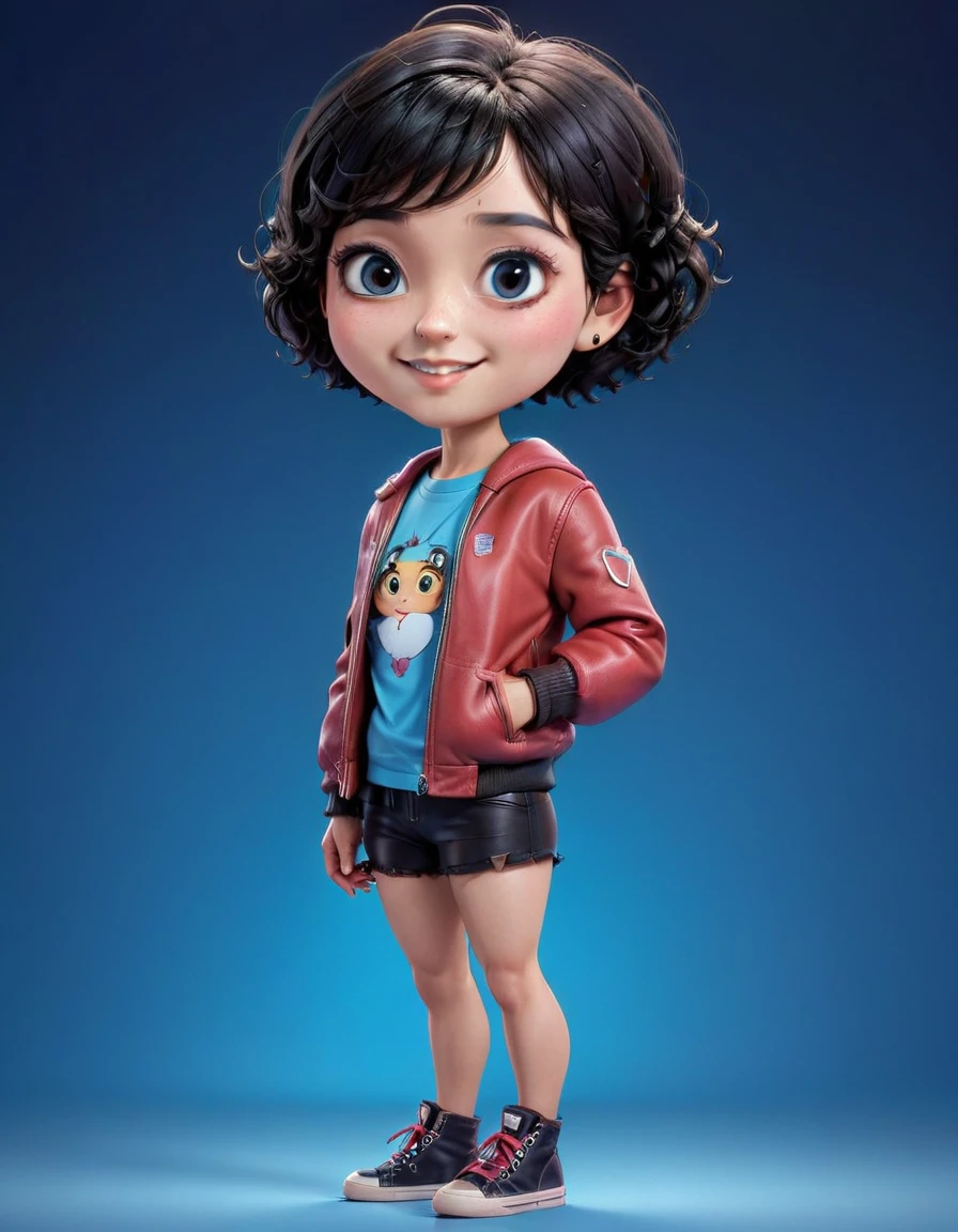 Create a 3D animation of a cartoon caricature with a big head. a 30 year old Indonesian man. She has short, curly hair in a black pixie cut. His face is oval with smooth lines, thick and neat black eyebrows, normal eyes, a small, sharp nose, and thin lips with a wide, friendly smile. He wore a dark red leather jacket over a white t-shirt. Gradient blue background with professional lighting. masterpiece, top quality, highly detailed skin and face, ultra-realistic, high definition, studio lighting, sharp focus, 2/3 body angle, Concept Art, 3D rendering.