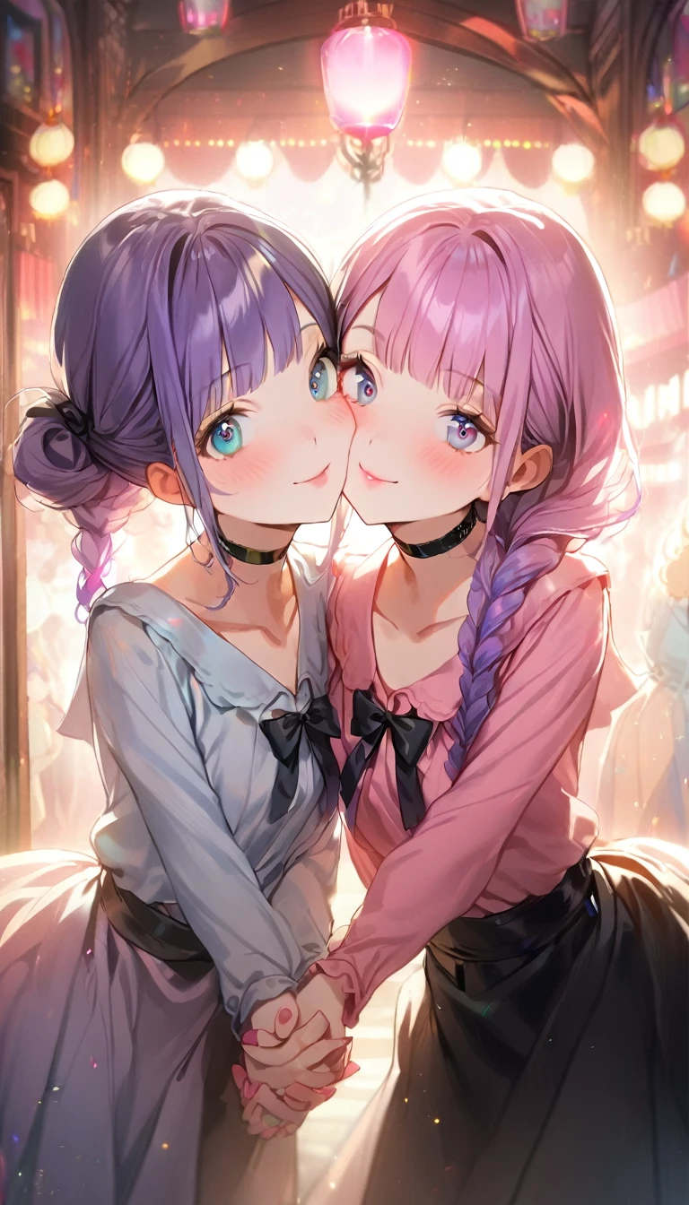 ( 2girls:1.5), (Twin girls, the same face, the same hairstyle, the same eyes, symmetrical posture, cheek-to-cheek,holding hands:1.5).2girls with closs hair pin,pale purple hair,wavy two braids,blunt bangs hair,green and black eyes,girls are wearing 
pink shirt,cosplay, jirai kei, bangs, black skirt, black bow, looking at viewer, bow, long sleeves, choker, ribbon,pink lips, :1.4), (masterpiece:1.3), anime visual, (Lovey-dovey:1.5), (tilt head:1.3), extremely delicate face, soft clean focus, realistic lighting and shading, (an extremely delicate and beautiful art:1.3), elegant, (muted colors:1.1), small breast,slim,The Moulin Rouge in Paris, mysterious pink light, a slightly dark room,,smiling,night lit,