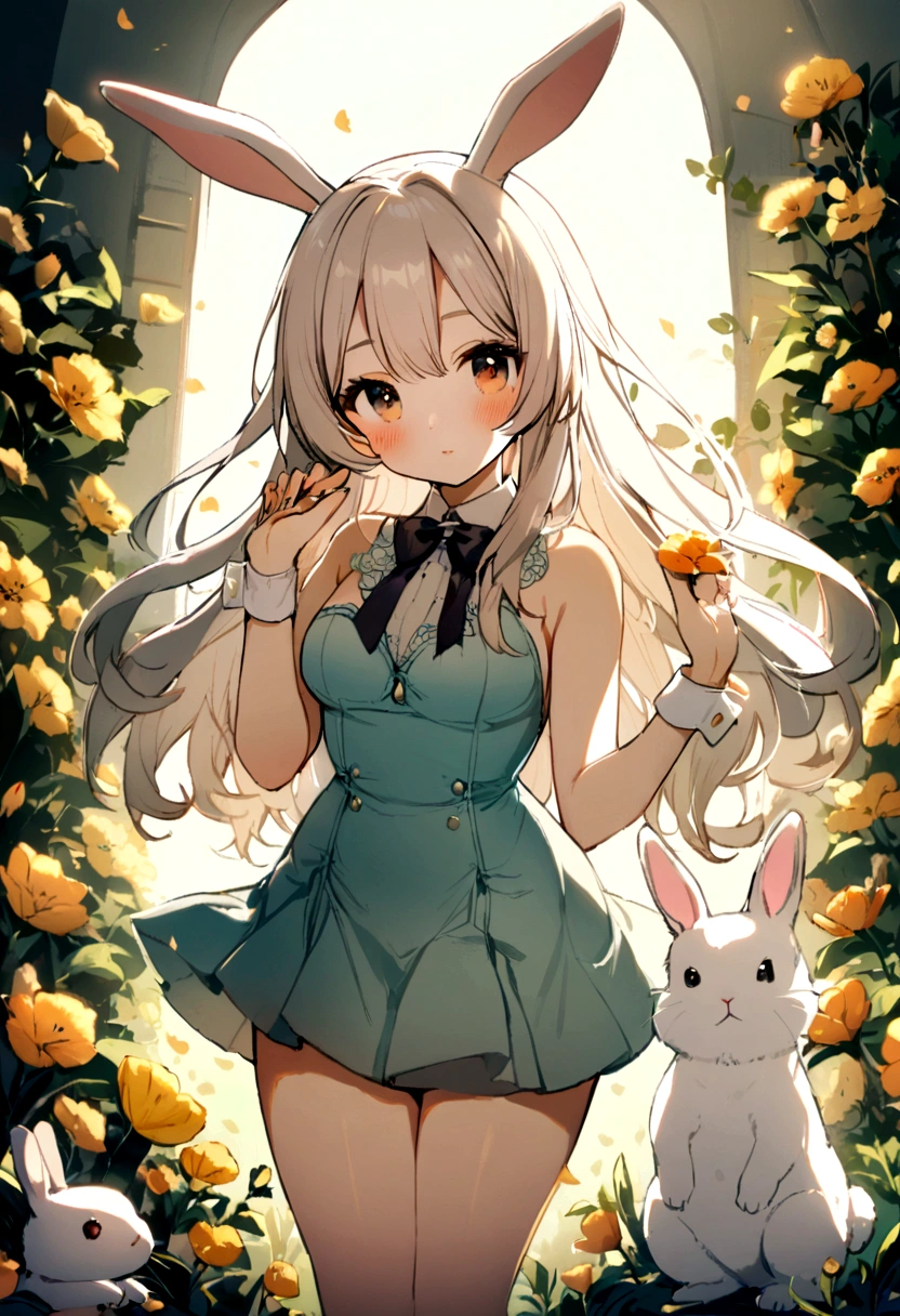 1 girl, long hair, short skirt, cute, bunny, flowers, light, live 
