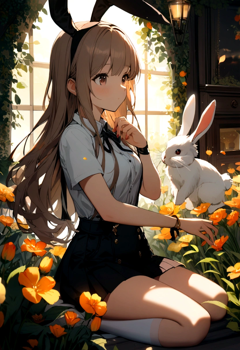 1 girl, long hair, short skirt, cute, bunny, flowers, light, live 