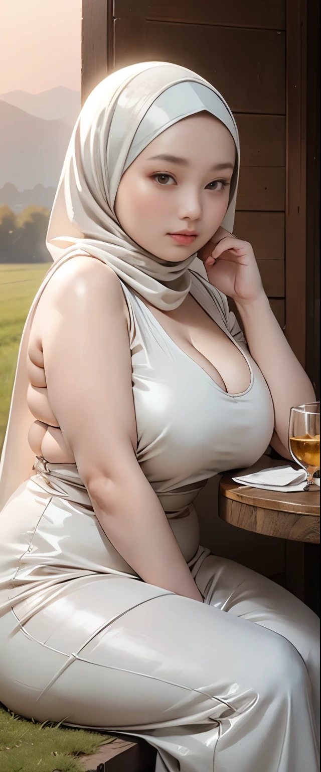 ( Close Up),RAW, Best quality, high resolution, works: 1.3), Beautiful Malay woman in hijab, Masterpiece, fit body, big breasts, beautiful big eyes, Soft smile, beautiful face, woman sitting at a table in a green meadow, traditional beauty, moment sunset, in the field, in the countryside, beautiful woman, with the sunset, wearing a soft thight dress, ,, hijab, beautiful woman, with a beautiful appearance, a very beautiful masterpiece, a masterpiece of art, good lighting, Bright colors, Clean lines, chubby body, wide chubby hips, chubby arm, chubby massive thighs , massive cleavage , massive armpits , white armpits , armpit hair , extra-large cleavage, full body , milky white skin , open legs, armpit, wet armpits , open legher open leg , full body , full body