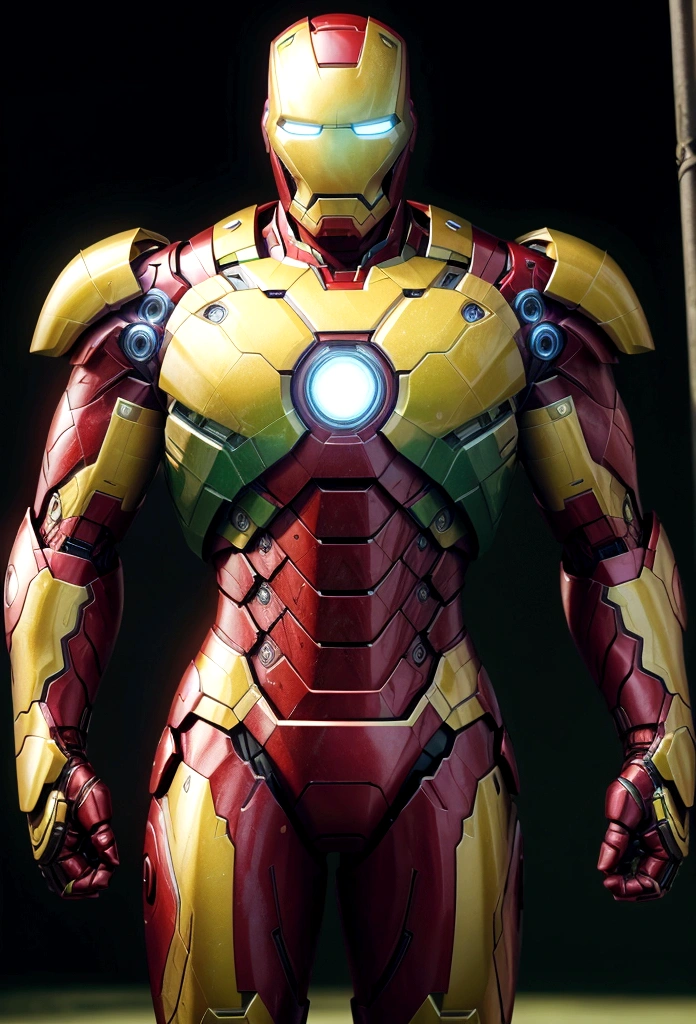 green and yellow color iron man, dark background 4k photo realistic.