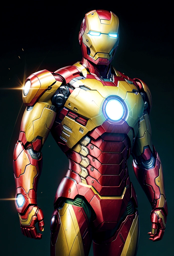 green and yellow color iron man, dark background 4k photo realistic.