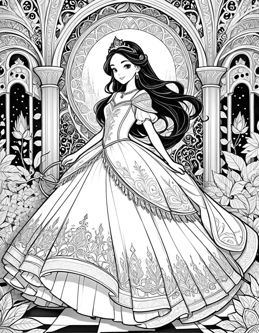 Generate a series of intricate black and white line drawings depicting diverse princesses from various cultures and backgrounds. Each image should feature a princess in a unique setting or activity that sparks creativity and imagination. Focus on details like ornate dresses, majestic surroundings, and subtle storytelling elements that invite vibrant coloring. The drawings should be suitable for children and adults alike, encouraging both relaxation and artistic expression through coloring