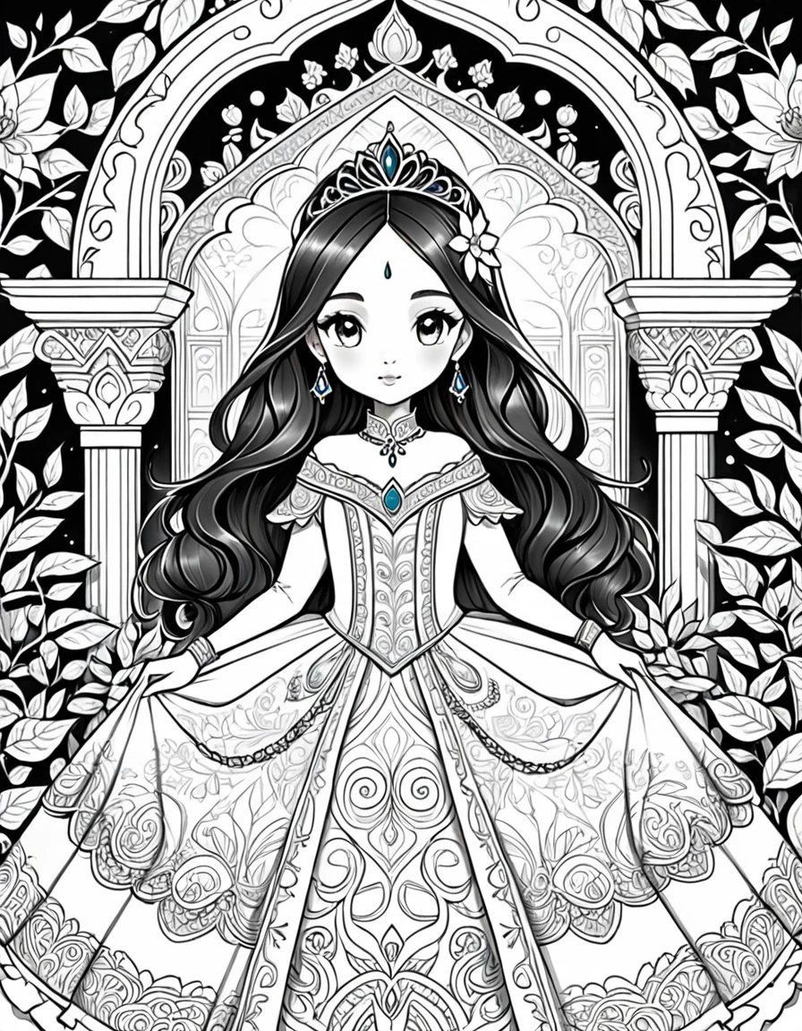Generate a series of intricate black and white line drawings depicting diverse princesses from various cultures and backgrounds. Each image should feature a princess in a unique setting or activity that sparks creativity and imagination. Focus on details like ornate dresses, majestic surroundings, and subtle storytelling elements that invite vibrant coloring. The drawings should be suitable for children and adults alike, encouraging both relaxation and artistic expression through coloring