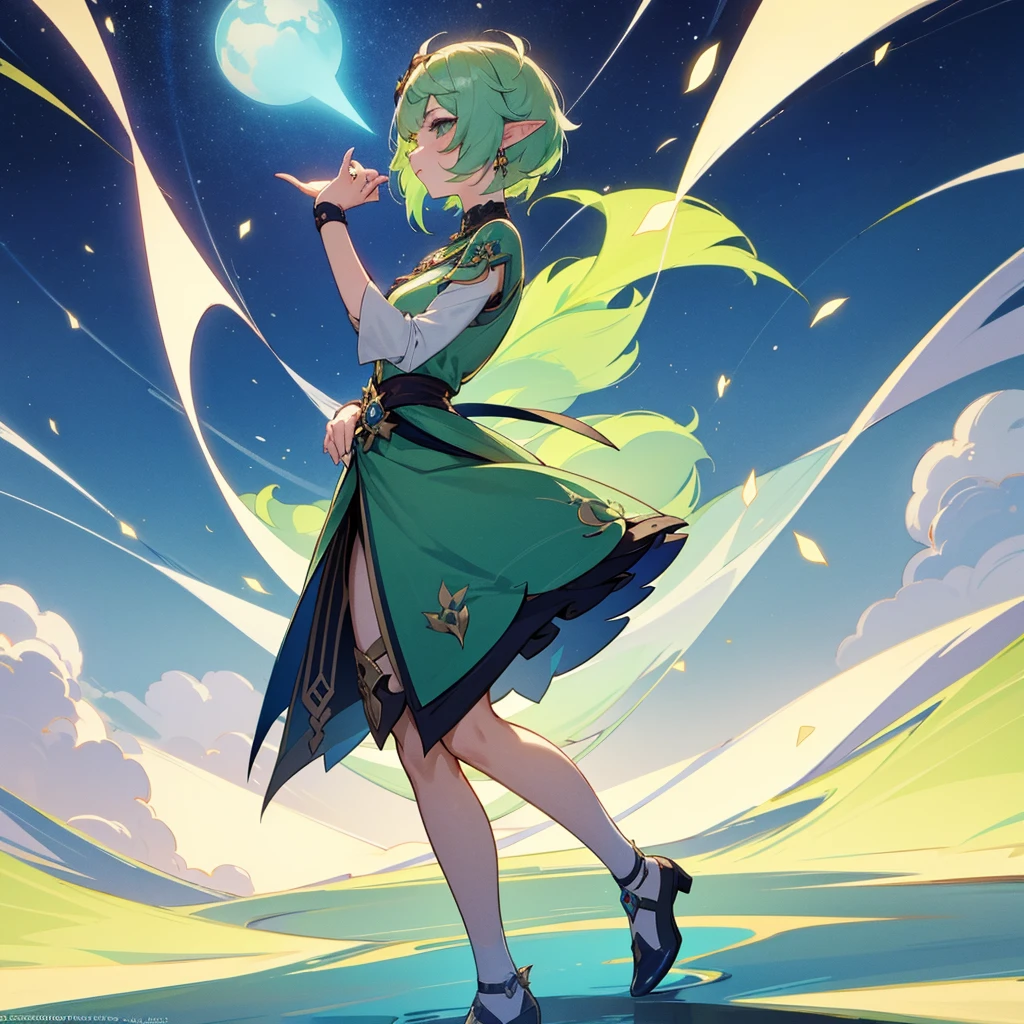 Pretty, beautiful, elf girl, elf, green hair, short hair, pretty hair, beautiful body, genshin impact design, fashion, fashion design, genshin impact, video game, full body, pretty face, starry clothes.