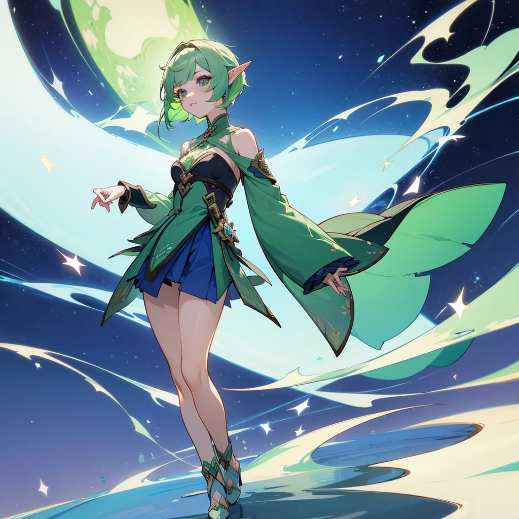 Pretty, beautiful, elf girl, elf, green hair, short hair, pretty hair, beautiful body, genshin impact design, fashion, fashion design, genshin impact, video game, full body, pretty face, starry clothes.