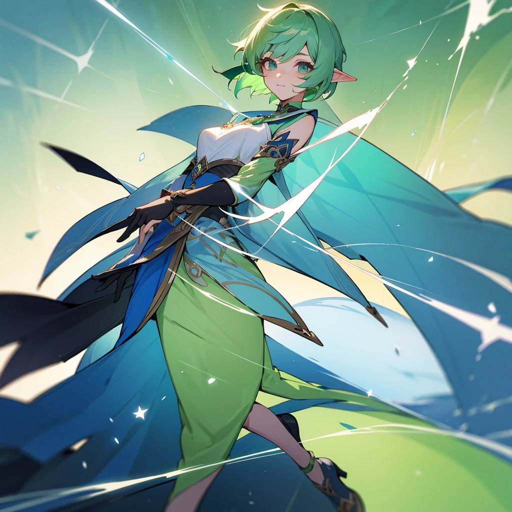 Pretty, beautiful, elf girl, elf, green hair, short hair, pretty hair, beautiful body, genshin impact design, fashion, fashion design, genshin impact, video game, full body, pretty face, starry clothes.